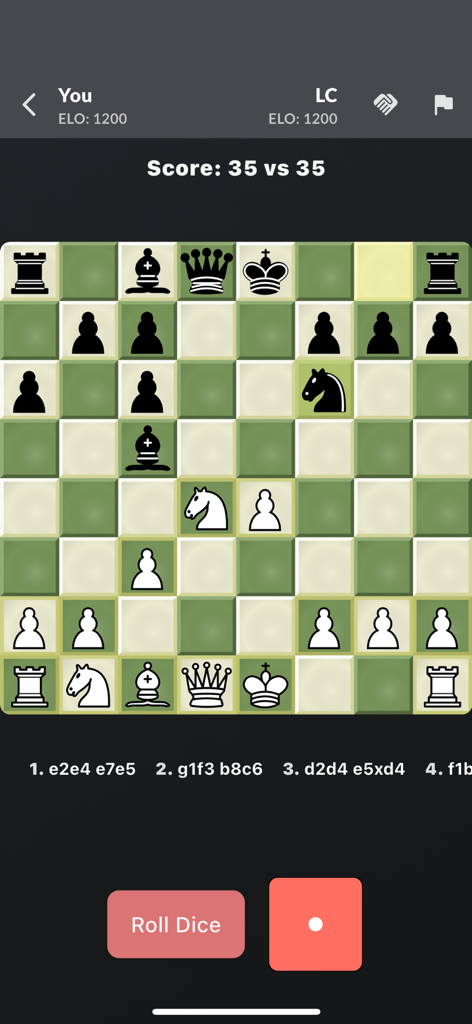 Ludo Chess: Roll the Dice - A mobile screen showing a game of Ludo Chess in progress with a chessboard and a dice roll button
