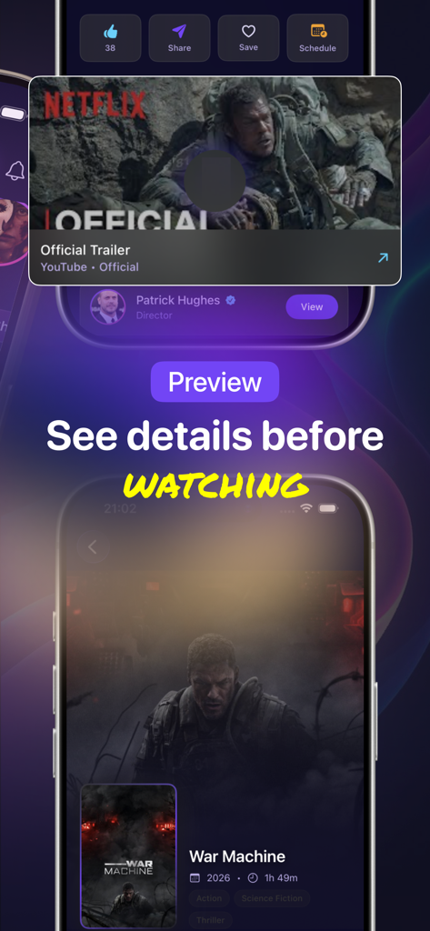 Texsmith - Find Movie Location - Texsmith app interface showing an official movie trailer preview and detailed movie information for War Machine with a cyberpunk aesthetic.