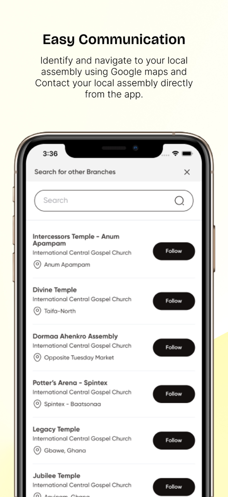A mobile interface showing a search list of International Central Gospel Church branches with follow buttons