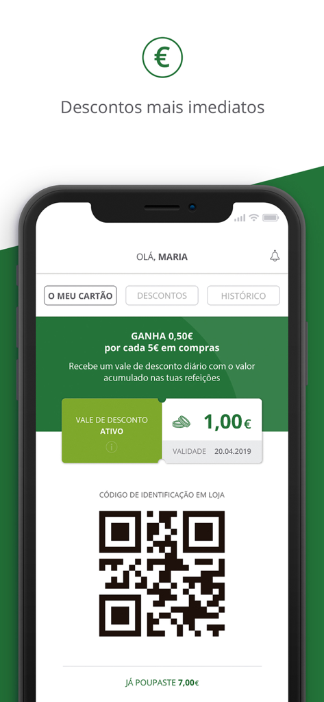 Vitaminas - Interface do cartão de fidelidade digital e código QR da aplicação móvel Vitaminas.