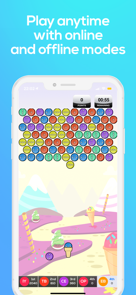 Duelit - Real Money eSports - Duelit mobile app screenshot showing a colorful bubble shooter game with online and offline modes