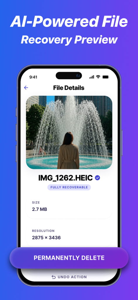 DiskDigger Pro File Recovery - DiskDigger Pro 앱 인터페이스에 파일 크기와 해상도 세부 정보가 포함된 완전 복구 가능한 사진 미리 보기가 표시됨