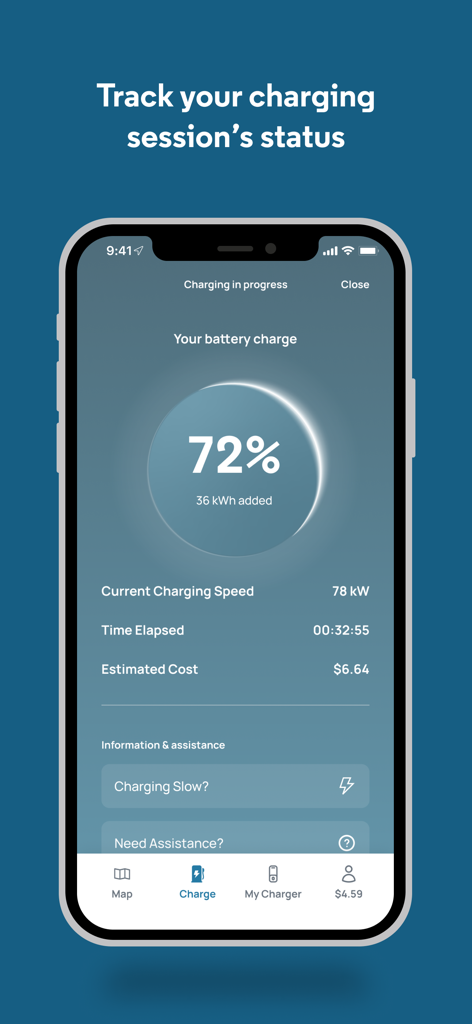 Smartphone-Bildschirm mit der FLO EV Charging App, die den Live-Ladevorgang und den Akkustand verfolgt