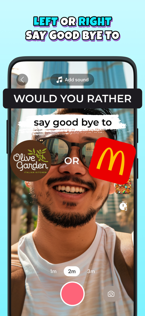 A mobile app screen showing a Would You Rather filter challenge asking the user to choose between Olive Garden and McDonald's