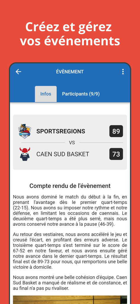 Sportsregions - A screenshot of the Sportsregions app showing a basketball game score and match report.