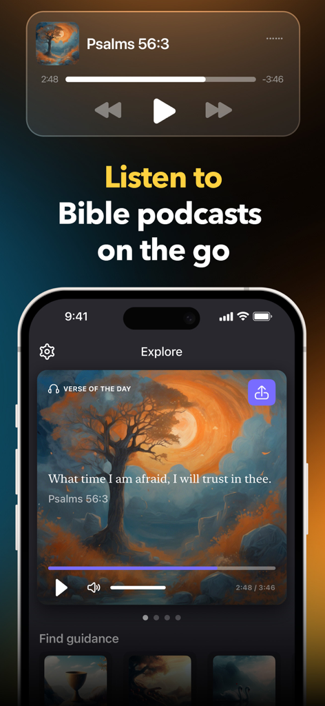 Faithe: Bible Study & Videos - Interfaz de la aplicación Faithe para escuchar podcasts bíblicos y versículos de audio diarios.