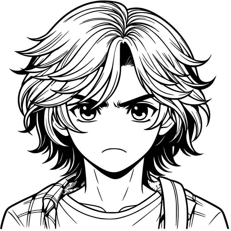 a realistic boy with medium long hair over one shoulder and he looks mad