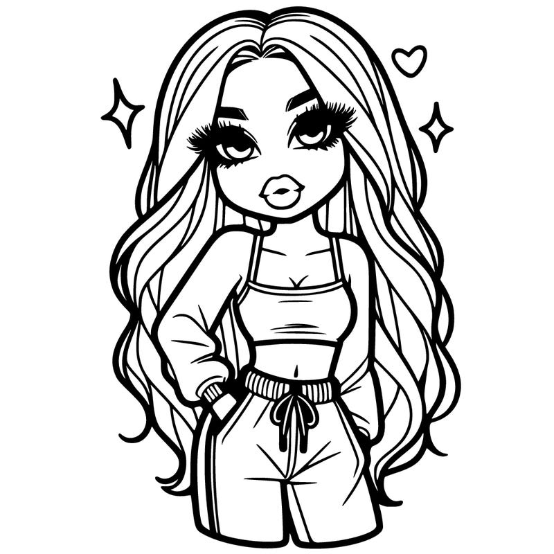 girl with crop top and sweat pants and long hair and big lips and eye liner