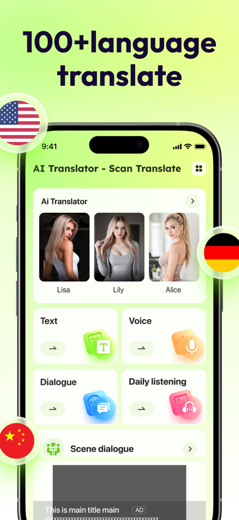 Menú principal de la aplicación Traductor IA que muestra herramientas de traducción de texto, voz y diálogo
