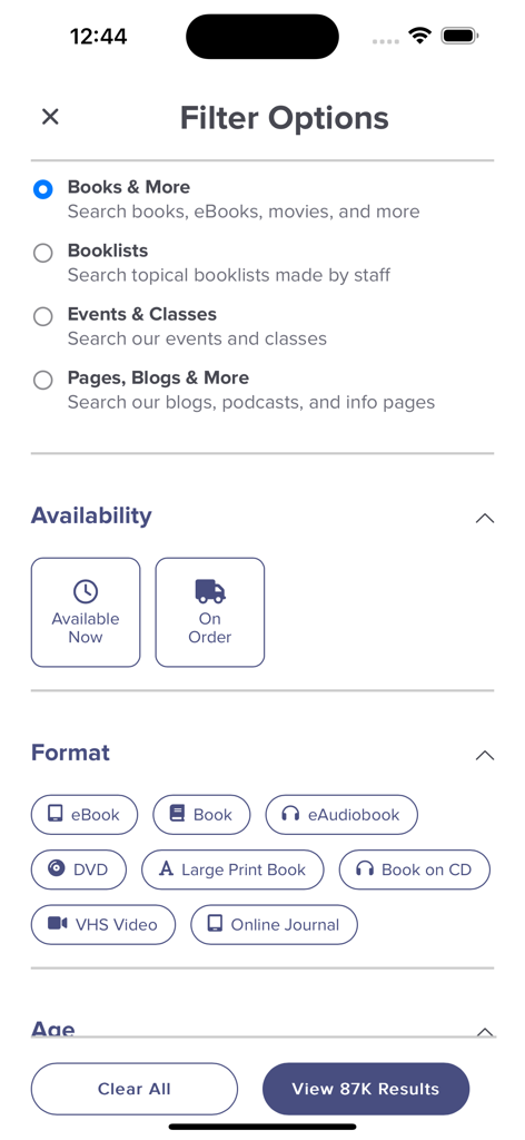 BKLYN Library - Pantalla de filtros de búsqueda en la aplicación Biblioteca BKLYN que muestra opciones de disponibilidad y formato de medios.