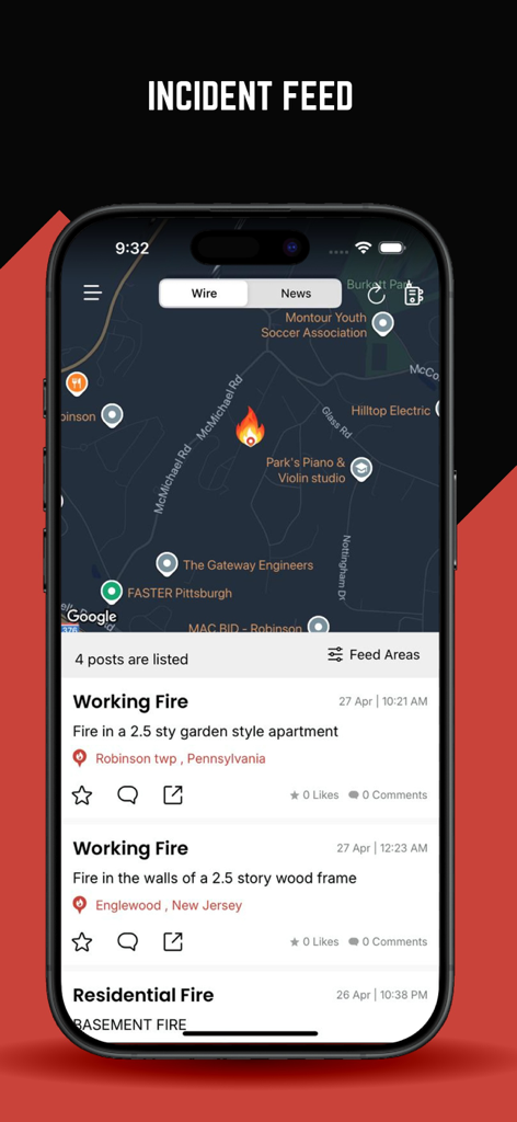 Interface of The Fire Wire App showing a live incident feed with an interactive map and emergency fire reports