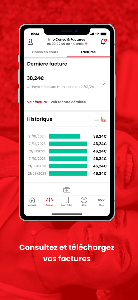 SFR & Moi - The SFR and Moi app interface showing a detailed list of monthly invoices and payment history