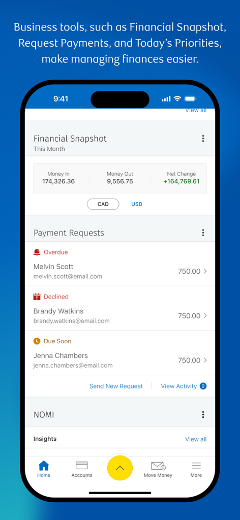 RBC Mobile - RBC Mobileアプリのビジネスインターフェース、財務スナップショットと支払いリクエストツールを表示