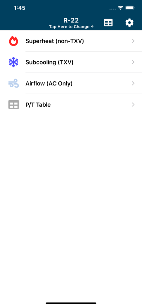 The main menu of the HVACR Check and Charge app featuring options for Superheat, Subcooling, and Airflow calculations for R-22 refrigerant.