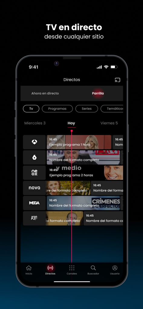 atresplayer: Series y Noticias - Oberfläche der atresplayer Mobile App, die einen Live-TV-Programmführer mit mehreren spanischen Sendern anzeigt.