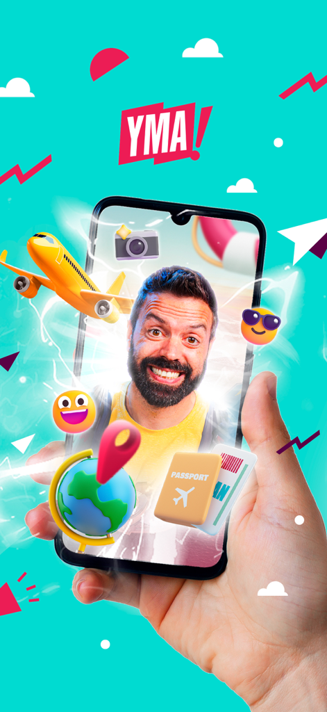 YoMeAnimo! - A hand holding a smartphone displaying the YoMeAnimo app with floating travel icons like a plane and passport.