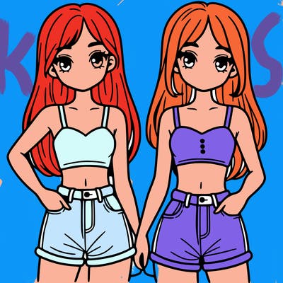 two sisters with crop tops and jean shorts and straight hair