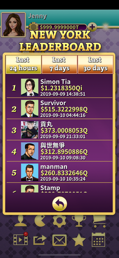 Pai Gow (Deluxe) - Une capture d'écran montrant le classement de New York et les meilleurs joueurs dans Pai Gow Deluxe.