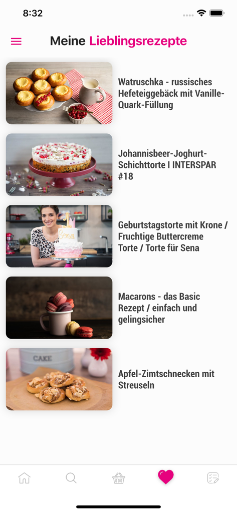 Schermata mobile che mostra la sezione Le mie ricette preferite dell'app di pasticceria Sallys Welt con varie voci di torte e pasticcini.