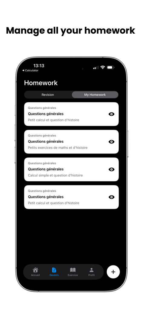 Screenshot of the Clevr AI app showing the homework management interface with a list of study tasks