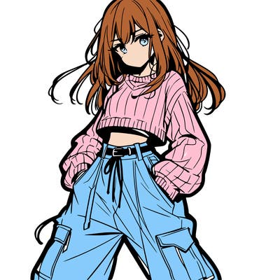 anime teen girl with baggy pants and crop top with sweater