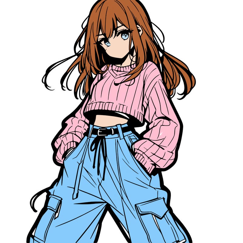 anime teen girl with baggy pants and crop top with sweater