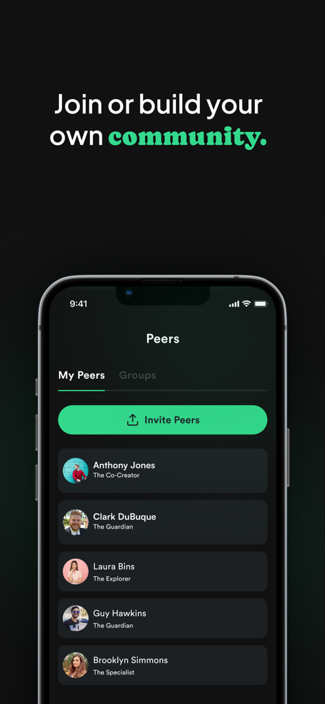 Bunch - Daily Leadership Coach - Interface of the Bunch app showing a list of professional peers and a button to invite new members to the leadership community