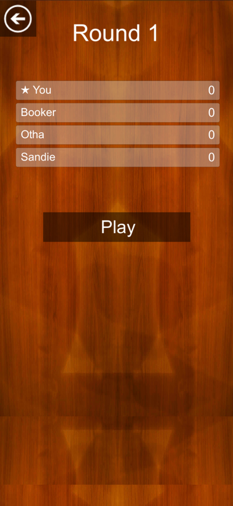 Nertz JD game screen showing the Round 1 player lobby with four competitors and a play button