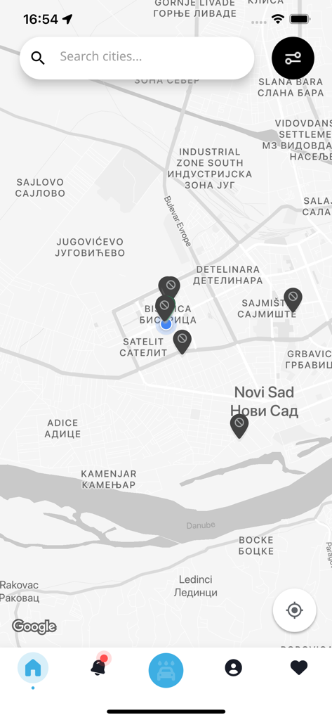 Map interface of Ready2Wash app showing nearby car wash locations