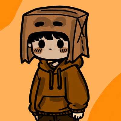 a boy with a sweatshirt and a paper bag on his head