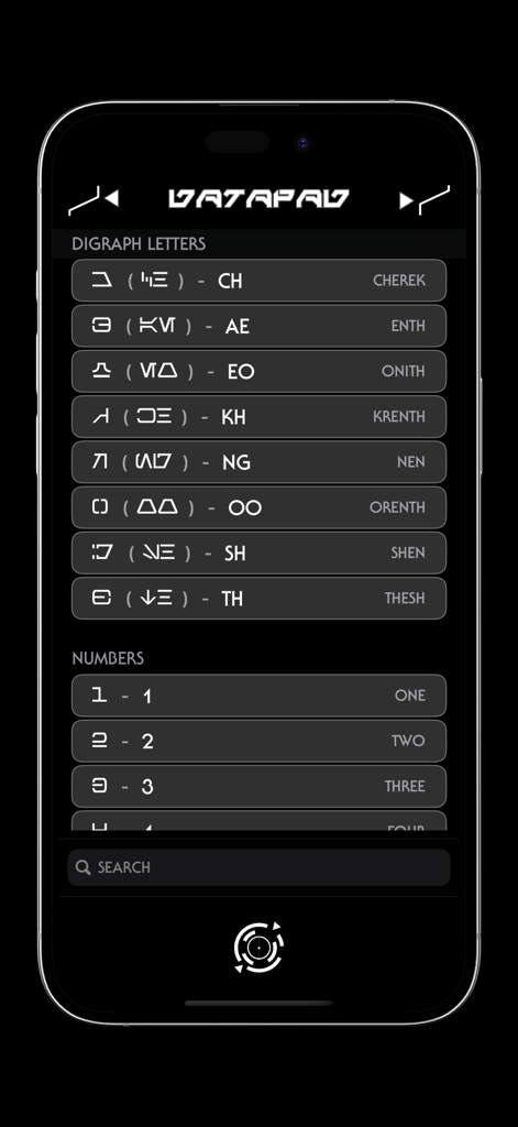 Pantalla de la aplicación Datapad que muestra la guía de traducción de dígrafos y números Aurebés