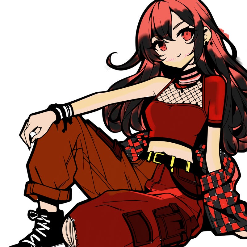 anime girl with a crop top and ripped jeans