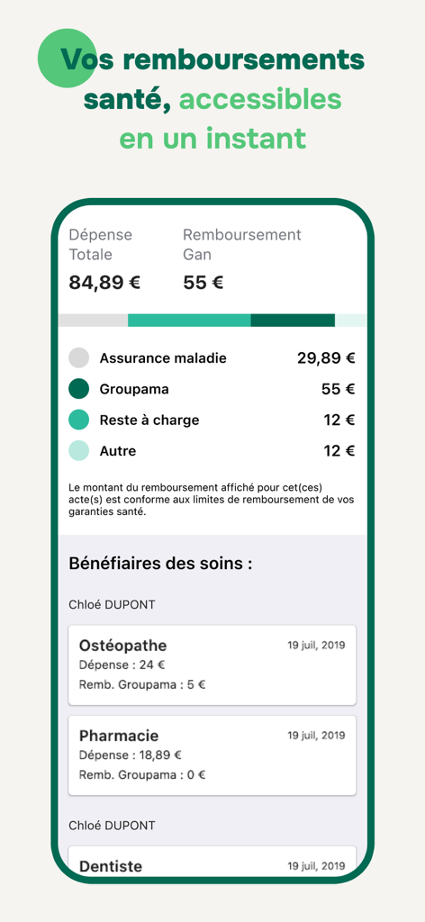 Pantalla móvil de la aplicación Groupama que muestra un desglose detallado de los reembolsos y gastos del seguro de salud.