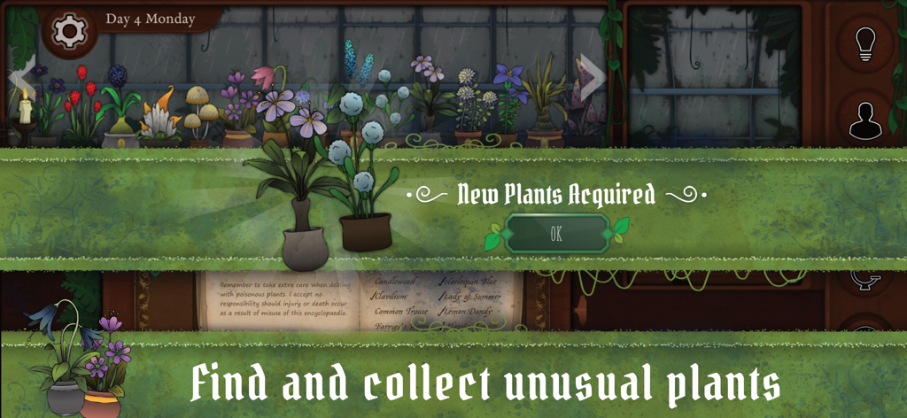 Strange Horticulture - A greenhouse shelf filled with various exotic plants and a notification saying new plants acquired in the game Strange Horticulture.