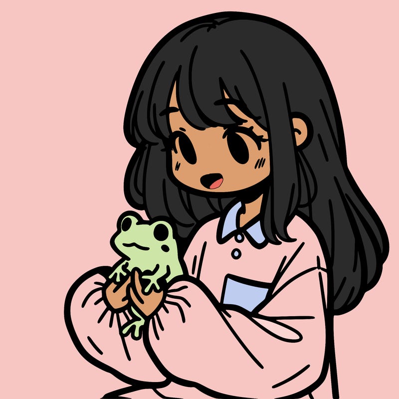 girl with long hair and a oversized shirt. and she is holding a frog