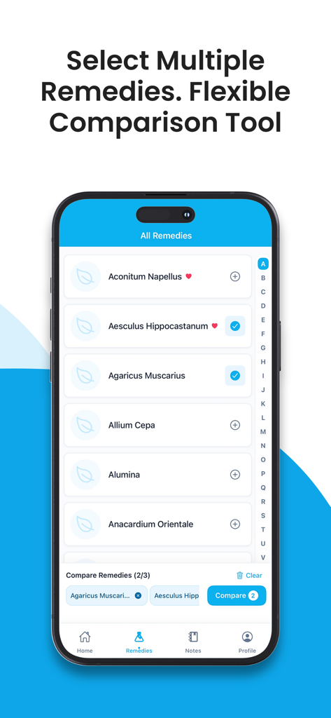 Interfaz de la aplicación móvil HomeoMate que muestra una lista de remedios homeopáticos con una función de herramienta de comparación.
