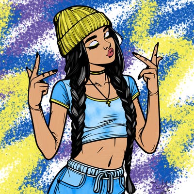 realistic teenage girl with braids and a beanie and crop top doing 🫶🏼