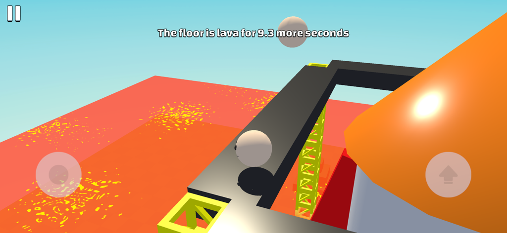 Master Obby - Master Obbyゲームで、溶岩で輝く床の上に障害物コースをナビゲートする白い球体のキャラクター