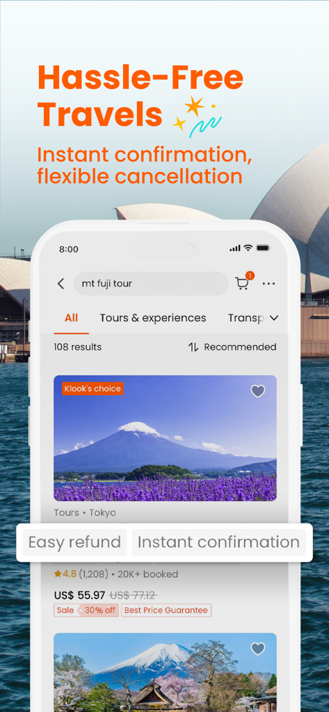Klook mobile app interface displaying tour options for Mount Fuji with pricing and instant confirmation