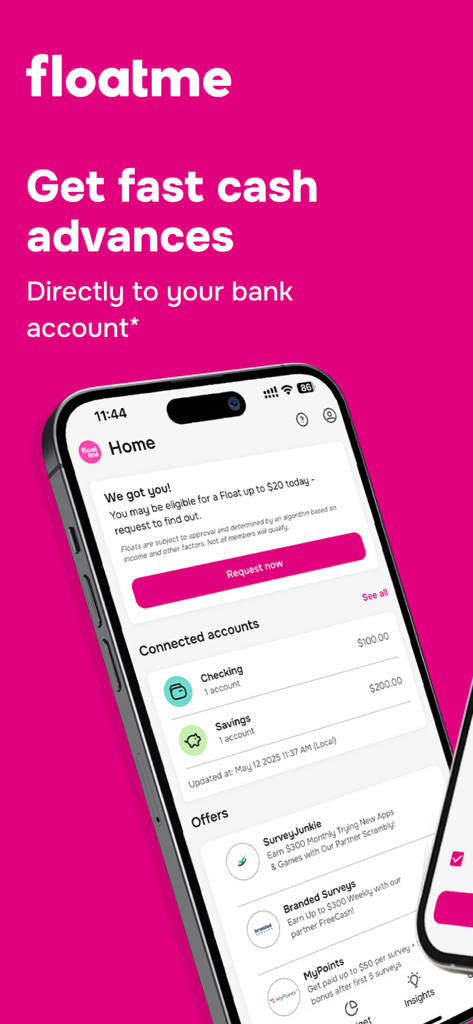 FloatMe: Easy Cash Advances - 연결된 은행 계좌와 20달러의 현금 선지급 제안이 표시된 휴대폰의 FloatMe 앱 홈 화면
