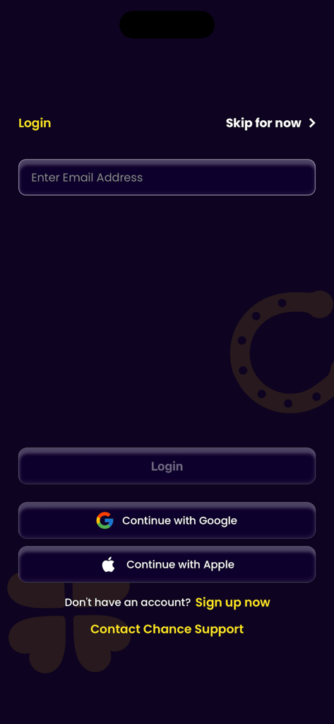 Chance. - Pantalla de inicio de sesión de la aplicación Chance que muestra el campo de inicio de sesión por correo electrónico y opciones para continuar con Google o Apple en un fondo morado oscuro.