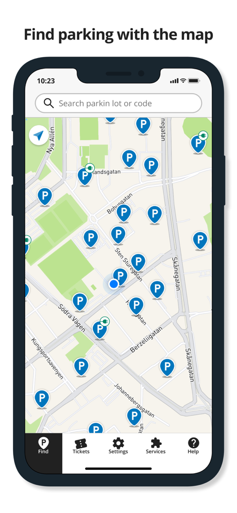 Parkering Goteborg mobile app displaying available parking spots on an interactive city map