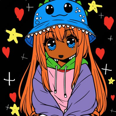 girl with anime shaped eyes with a dinosaur bucket hat oversized sweatshirt long straight hair