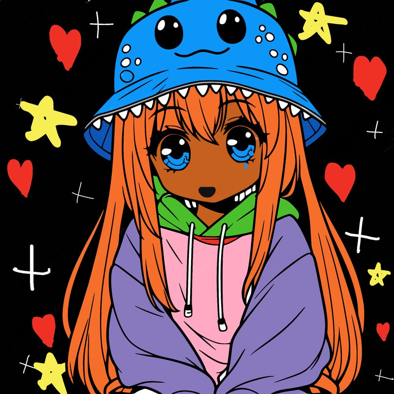 girl with anime shaped eyes with a dinosaur bucket hat oversized sweatshirt long straight hair