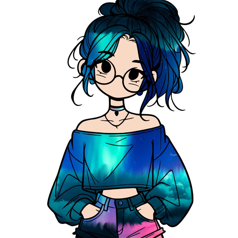 girl with a messy ponytail glasses a baggy crop top and jean shorts