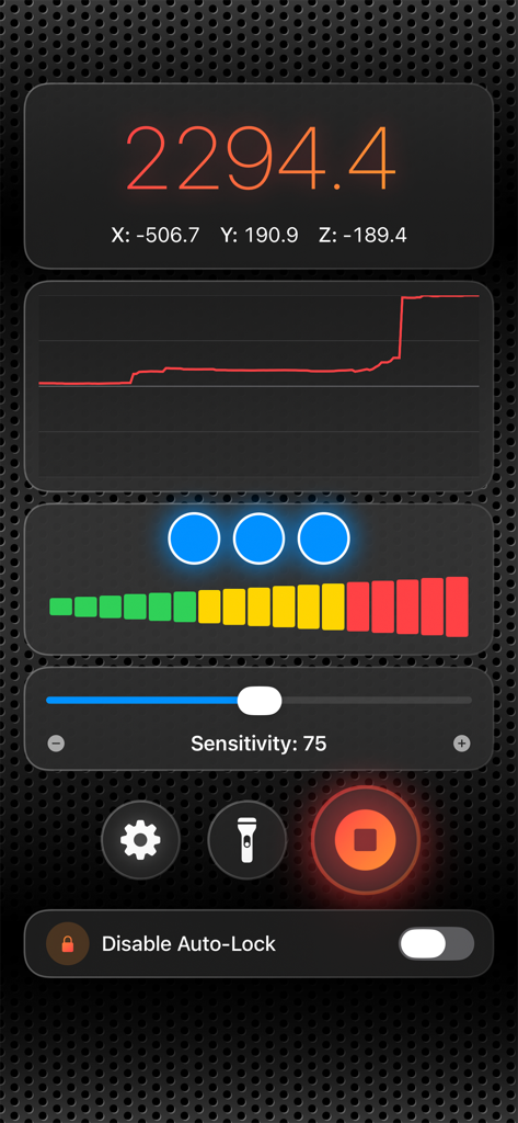 Metal Detector Professional - Interfaz de usuario de la aplicación Detector de Metales Profesional que muestra lecturas del campo magnético, un gráfico de detección y controles de sensibilidad