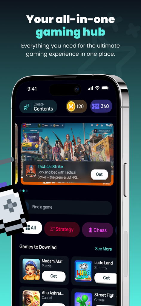 WIZZO app home screen showing various mobile games and a content creation button