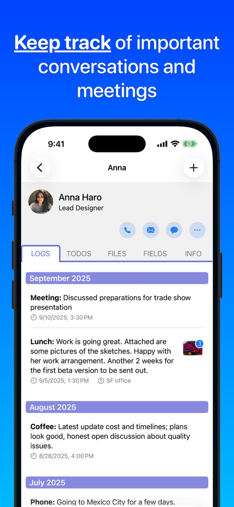 Contacts Journal CRM - Interfaz de la aplicación Contacts Journal CRM mostrando un registro cronológico de reuniones y conversaciones para un contacto profesional.