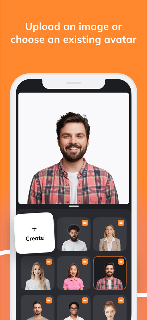 D-ID: AI Video Generator - Interfaccia dell'app D-ID che mostra le opzioni per caricare una foto personalizzata o scegliere da una libreria di avatar digitali.