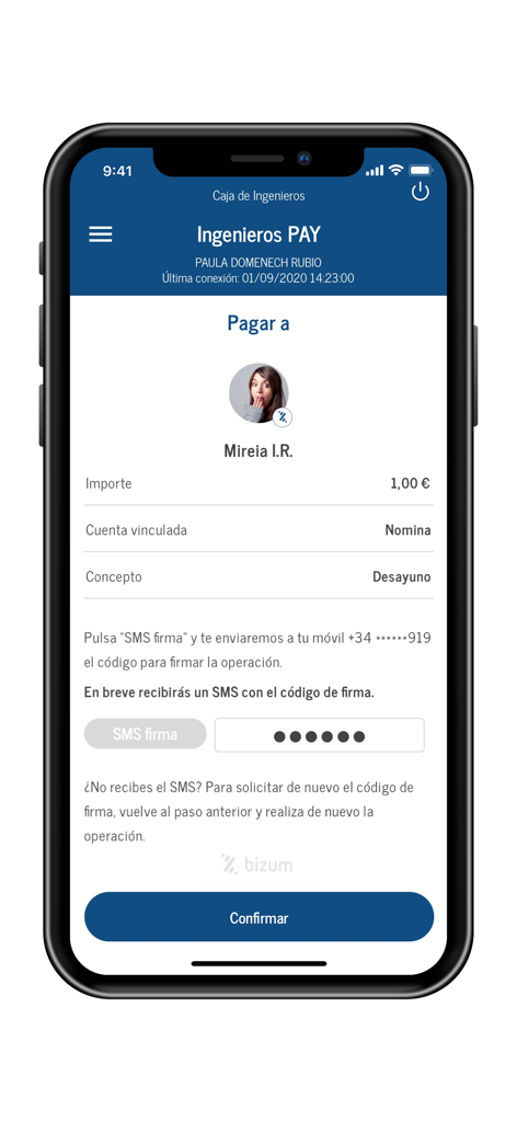Pantalla de móvil que muestra un proceso de pago con Bizum en la aplicación de Caja Ingenieros.